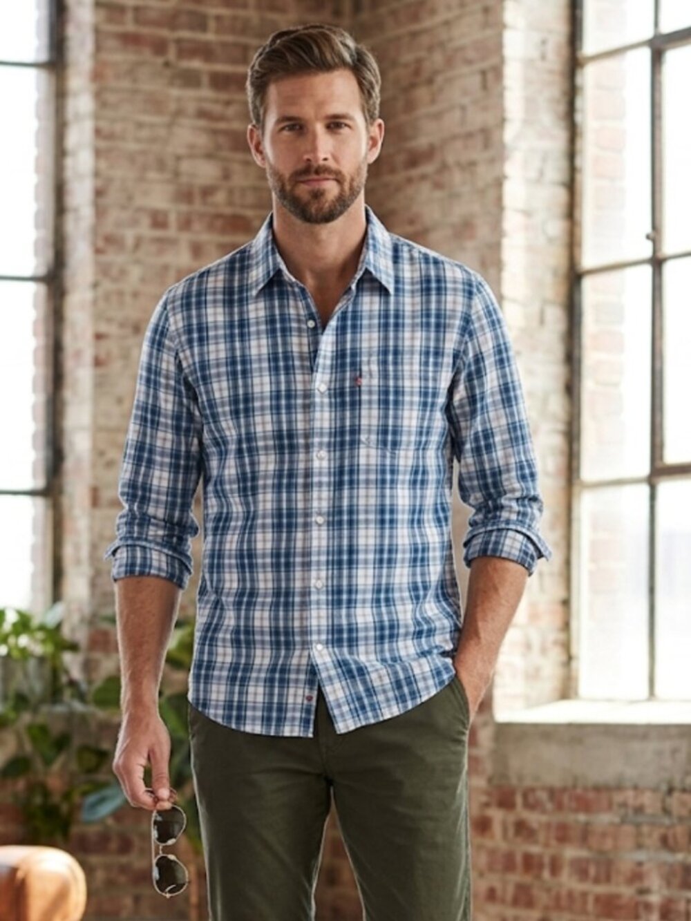 Levis Blue & White Plaid Cotton Button-Down Shirt Long Sleeve Preppy Mens Size L